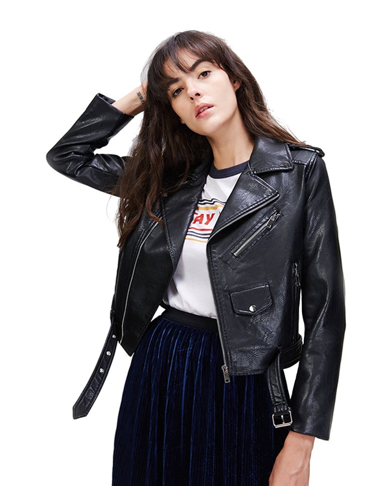 LY VAREY LIN Women's Faux Leather Motorcycle Jacket PU Slim Short Biker Coat (XL, Black) - Image 2